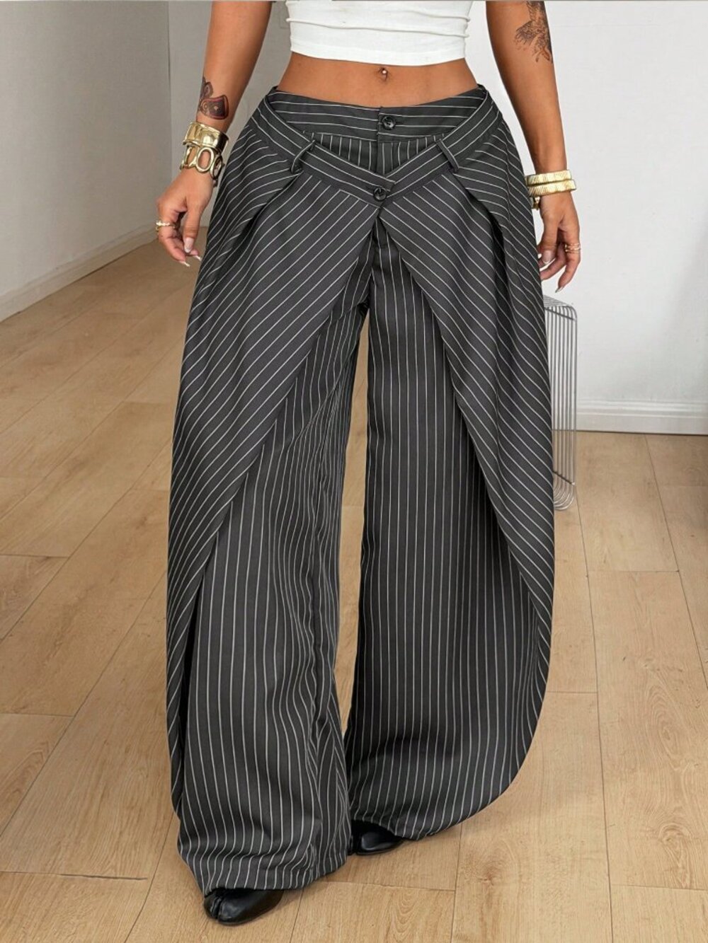 Grey Casual Women's Striped Baggy Wide Leg Curved Hem Office Pants - Picture 6 of 7